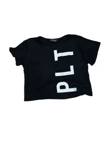 W39# Pretty Little Thing Women’s Viscose Black Logo Crop Short Sleeve T-Shirt M - Picture 1 of 12