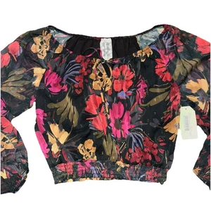 Sadie And Sage gesmokter Saum gewebte kurze Bluse geblümt schwarz multi S transparent gefüttert - Bild 1 von 6