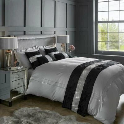 Diamante & Crushed Velvet Bed Runner & Cushion Cover Sparkle Sets Black & Silver - Image 1 of 4