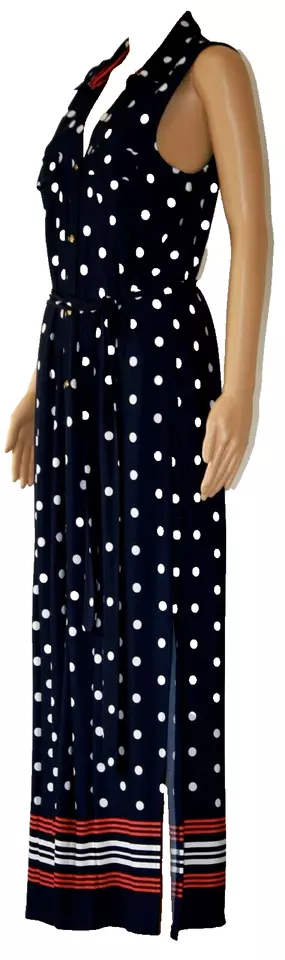 Navy Blue & White Polka Dot Sleeveles Maxi Belted Dress Sz 12 Glamour