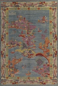 Pictorial Art Deco Chinese Vegetable Dye 9'x12' Area Rug Hand-knotted Blue/Lilac - Picture 1 of 12