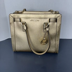 Michael Kors Dillon Large Satchel Crossbody Gold Saffiano Leather Bag - Picture 1 of 17