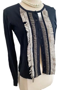 CABI 172 Womens Black Fringe Cardigan Cotton Cashmere Tuxedo Sweater New Small S - Picture 1 of 7