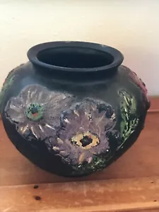 Vintage Black Glass w Purple Orange & Red Sugary Raised Poppy Flowers Vase –  - Picture 1 of 10