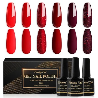 UV Nagellack Rot,6 Farben Glitzer Rot Burgunder Dunkel Gel Nagellack Set Soak-Of - Bild 1 von 4