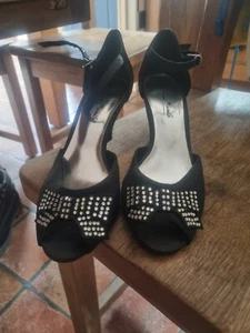 Black Diamanté Sandles & Clutch Bag Silk Studded - Picture 1 of 16