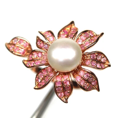925 Sterling Silber 10 Mm. Weiße Perle & Rosa Saphir Schmuckring Größe 6,75 - Bild 1 von 4