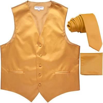 New Men's Gold formal vest Tuxedo Waistcoat_2.5" necktie & hankie set wedding - Image 1 of 4