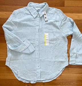 Time And Tru Women's Striped Button Up Shirt Size L Blue & White NWT - Picture 1 of 14