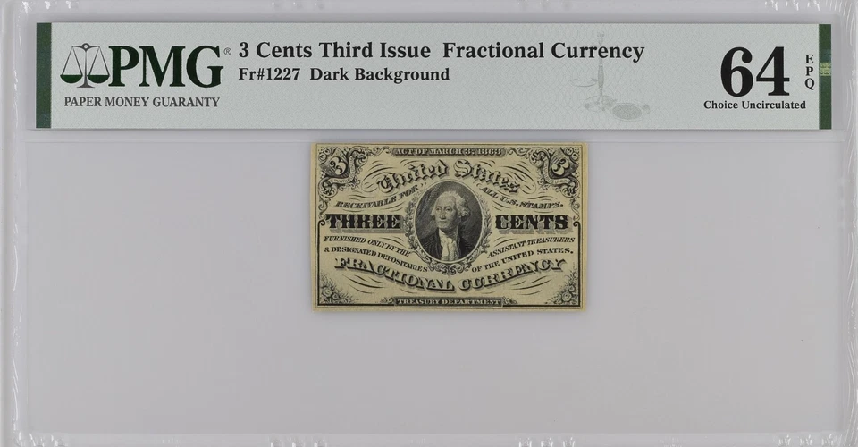 FR 1227 - 3c THIRD ISSUE - DARK BACKGROUND - PMG 64 EPQ - CU - FREE SHIPPING !! - Image 1 of 4