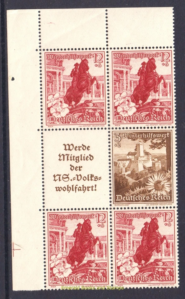 EBS Germany 1938 Winter Relief - se-tenant - Michel S254+W135 SHEET CORNER MNH** - Image 1 of 1
