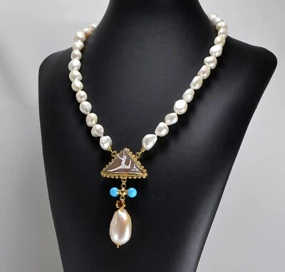 COLLANA IN ARGENTO 925 DORATO CON PERLE TURCHESE E CAMMEO BALLERINA AGLN 0187 - Immagine 1 di 3