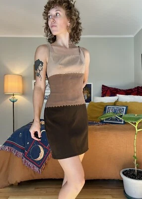 Vintage 90s does 70s Patchwork Imitation Suede Colorblock Mini Dress! - Image 1 of 4