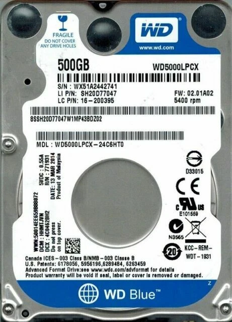 Western Digital Blue 500GB, Interno, 5400 RPM, 2.5" (WD5000LPCX) Disco Rigido
