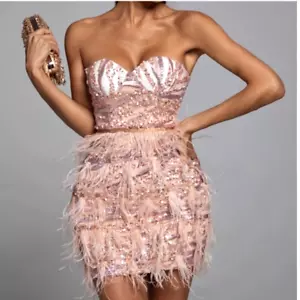 Bella Barnett Lalia Small Pink Sequin Feathers Mini Prom Party Dress Valentine's - Picture 1 of 16
