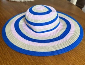 Janie & Jack Natural Straw Pink Blue Striped Sun Hat 12-24 months - Picture 1 of 4