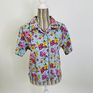 Vintage 90s Cottage Core Mod Blue Floral Collared Short Sleeve Beaded T-Shirt M