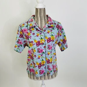 Vintage 90er Jahre Cottage Core Mod blau Blumenmuster Kragen kurzärmelig Perlen T-Shirt M - Bild 1 von 9