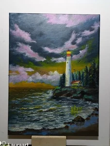Art 16"/12" Oil painting Lighthouse Seascape, Wave,Landscape, Stretched Canvas - Picture 1 of 5