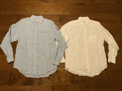 Camisa de vestir Brooks Brothers irlandesa de lino blanca azul L/S abotonada x2 - grande para hombre Foto 1 de 4