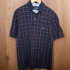 VTG TOMMY HILFIGER Polo L Plaid Pique 90s Red Blue Crest Preppy Y2K Golfcore - Picture 1 of 8