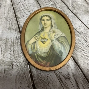Decoración de pared vintage con estampado religioso enmarcado ovalado del Sagrado Corazón de María 7,5 x 5,5 - Imagen 1 de 2