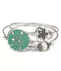 BANGLE BRACELET SET TRIO SEALIFE SAND DOLLAR & PEARL GREEN - Picture 1 of 1