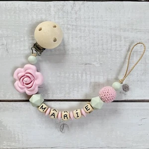 Catenella Ciuccio Porta Ciuccio Nuckelkette con Nome Silicone Legno Ragazza Rosa - Bild 1 von 1