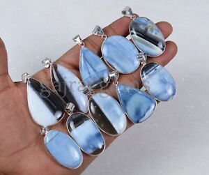 5 Pieces Natural Blue Opal Gemstone Silver Plated Bezel Pendant Jewelry