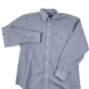 Nautica Mens Button Up Shirt Blue Striped Wrinkle Resistant Large - Picture 1 of 8