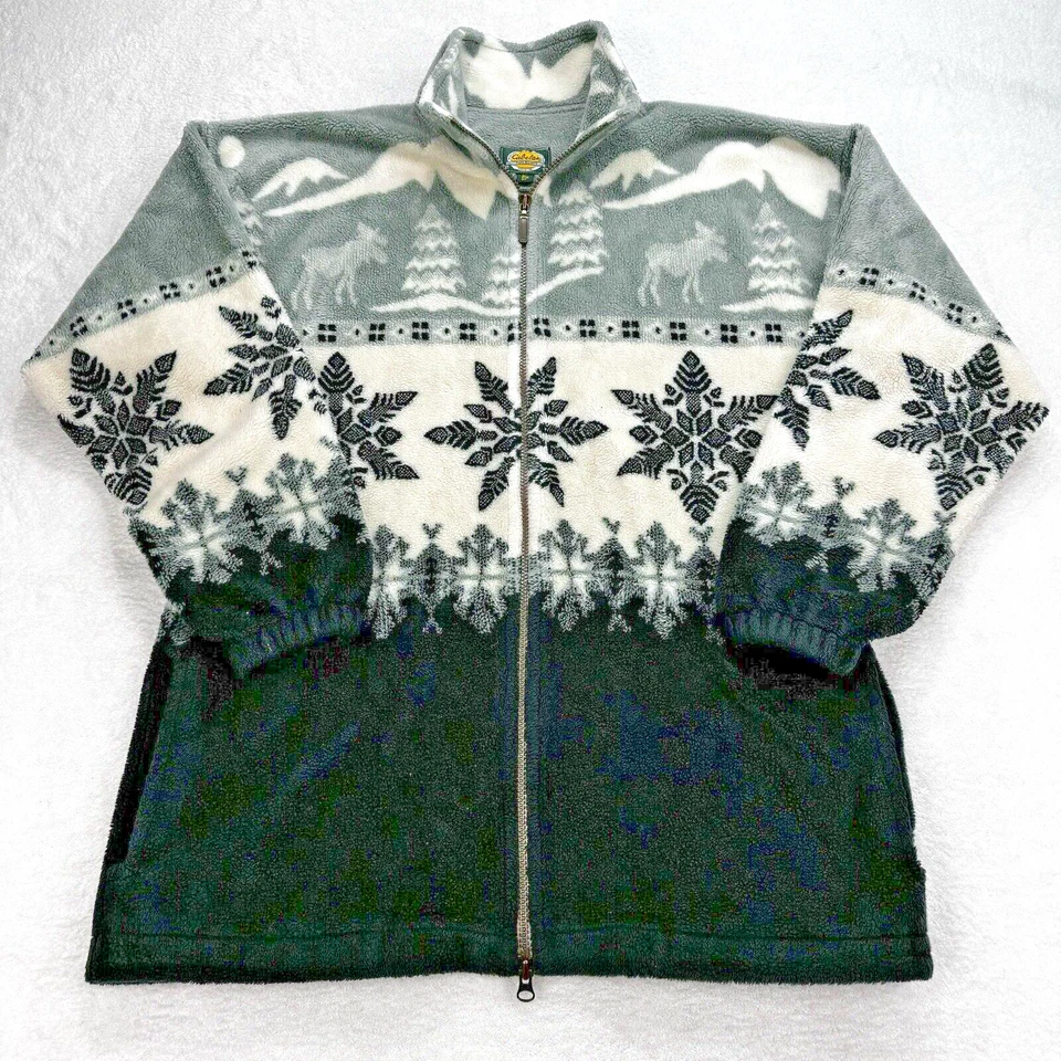 Cabelas Fair Isle Sherpa Jacket Women M Full Zip Pockets Waist Strap USA - Image 1 of 4