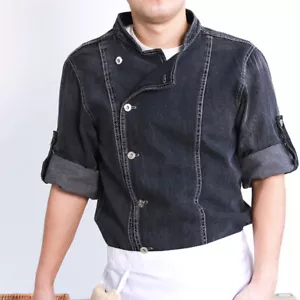 Men Women Denim Chef Jacket Long Sleeve Cook Jeans Coat Kitchen Unisex Uniform - Picture 1 of 13