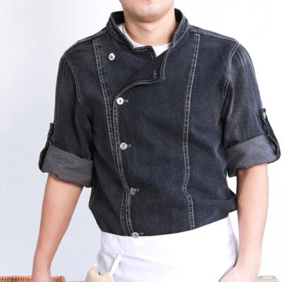 Men Women Denim Chef Jacket Long Sleeve Cook Jeans Coat Kitchen Unisex Uniform - Image 1 of 4