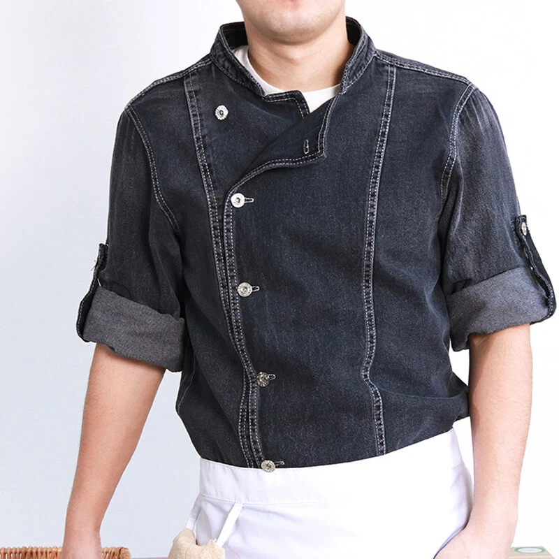 Men Women Denim Chef Jacket Long Sleeve Cook Jeans Coat Kitchen Unisex Uniform - Image 1 of 4
