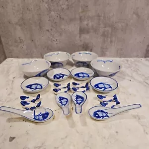 Dinner Set For 4 Handpainted Koi Fish Rice Bowls Spoons, Plates, Chopstick Rests - Picture 1 of 16