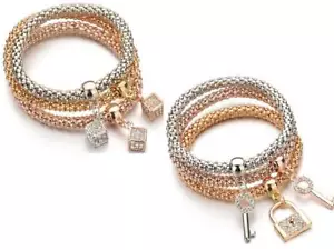 3 Pezzi Charm Catena Pendente Bracciali Donna Placcato Argento, Oro o Oro Rosa - Foto 1 di 5