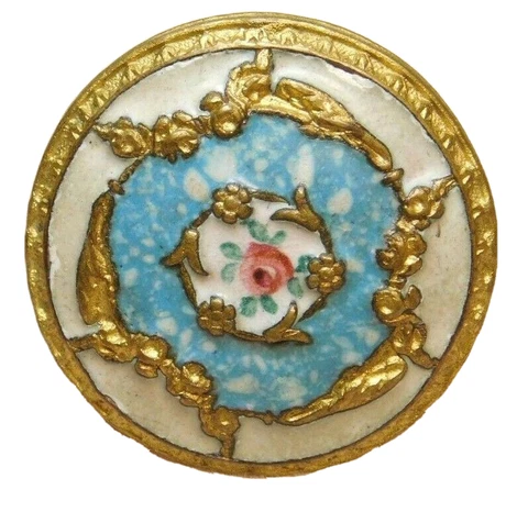 Antique Vtg BUTTON Brass Enamel with a Hand Painted Pink Rose  NICE Cover