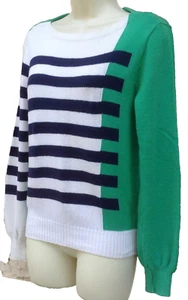 Aileen Pullover Damen M grün marine weiß Farbblock gestreift Baumwolle Grannycore - Bild 1 von 6