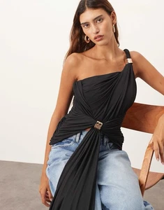 ARRANGE Top drapeado de un hombro con detalles de ribete de metal en negro Reino Unido 4 EE. UU. 0 - Imagen 1 de 12