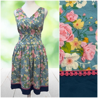 MATILDA JANE Dress Womens Medium Blue Floral Retro Cottagecore Surplice Pockets - Image 1 of 4