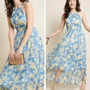NWOT Modcloth BRAVE NEW WHIRL Blue Floral Halter High-Low Maxi Midi Dress Medium - Picture 1 of 13