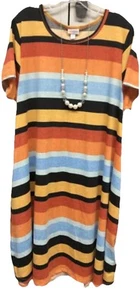 Neu mit Etikett LuLaRoe Large schwarz blau gold orange rot gestreift Jessie Swing Kleid Taschen - Bild 1 von 9