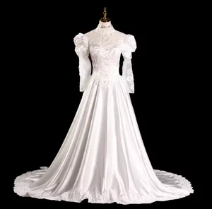 Vestido de novia princesa blanco satinado cuello en O perla ilusión rosa flor encaje - Imagen 1 de 13