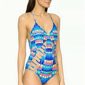 Traje de baño Mara Hoffman Azure Flight Lattice de una pieza arco iris con tiras talla grande - Imagen 1 de 9