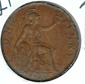 1921 Great Britain Circulated Penny George V & Britannia Coin (#2)!