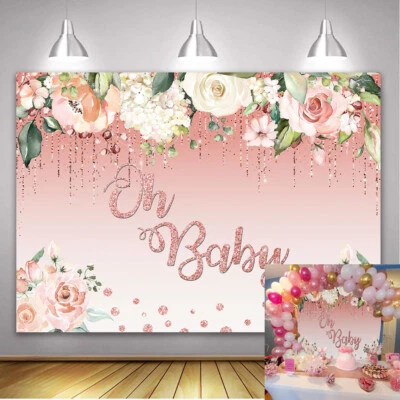 Fondo de fiesta temática Oh Baby acuarela flor brillo baby shower telón de fondo Foto 1 de 4