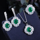 Exquisite Silver Plated Green Zircon Flower Necklace Earring Ring CZ Jewelry Set