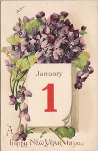LITHO Happy New Year Purple Flowers Calendar Colusa California 1907 Raphael Tuck - Picture 1 of 2