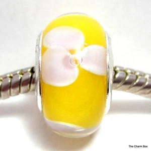 YELLOW WITH WHITE FLOWERS Murano Glass European Bracelet Bead - Picture 1 of 2