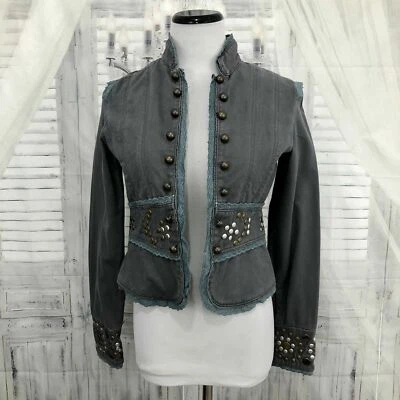 Chaqueta Miss Me Mujer Talla Pequeña Gris Azul Tachonado Encaje Borde Militar Algodón B2 Foto 1 de 4